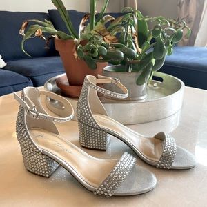 Betsey Johnson block heel silver rhinestone dress sandals